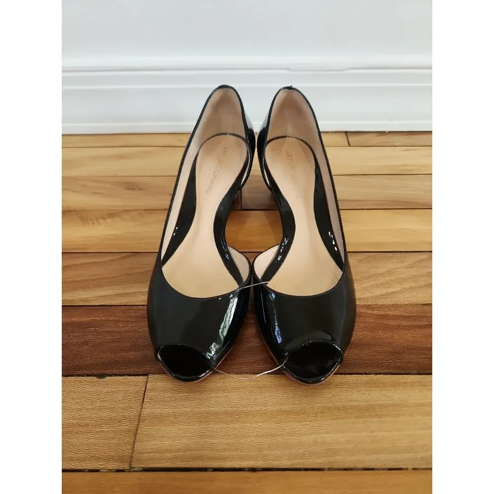 ARTURO CHIANG Black Leather Designer Peep Toe Cork Heel Size 7.5M - Picture 2 of 7